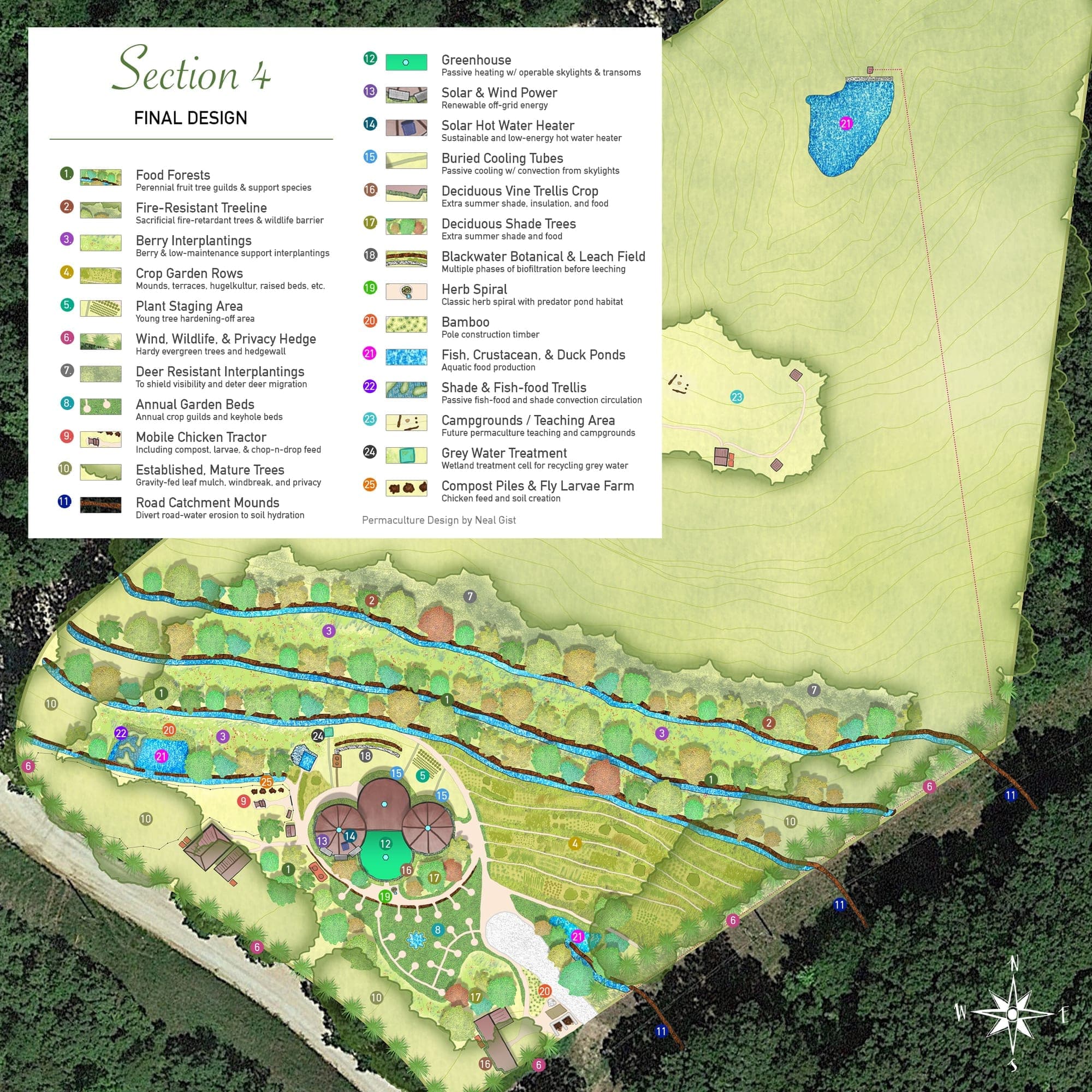 A labeled whole-site permaculture design connecting water, access, structures, plantings, energy, animals, and production systems