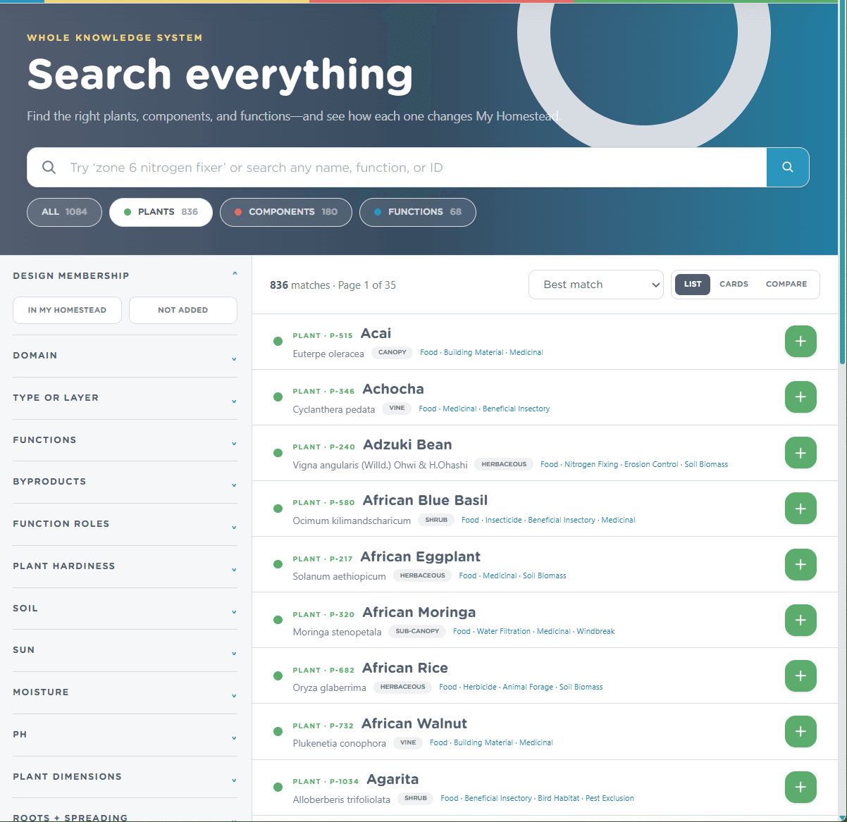 Search results across the Permaculture Data plant, component, and function database