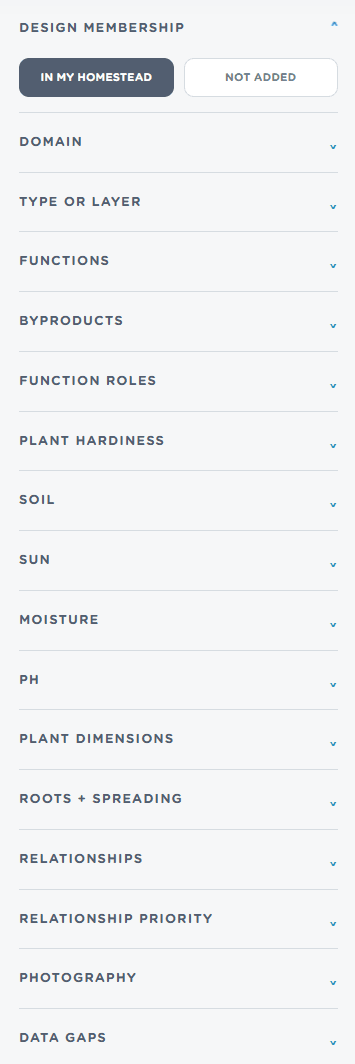 Detailed filters for permaculture plant search, including functions, hardiness, soil, moisture, pH, roots, and relationships